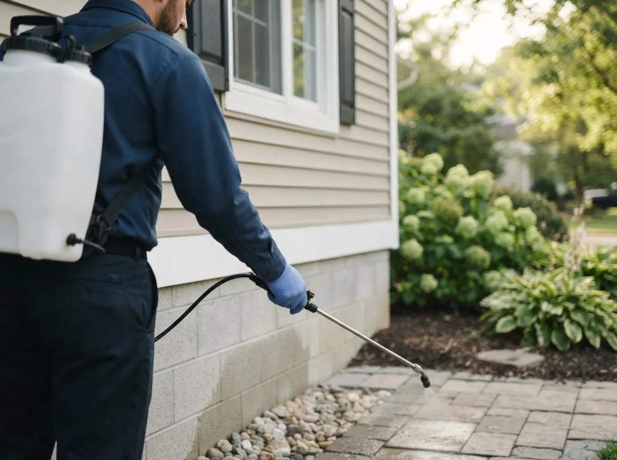 Pest control technician inspecting a home in Burkittsville, MD